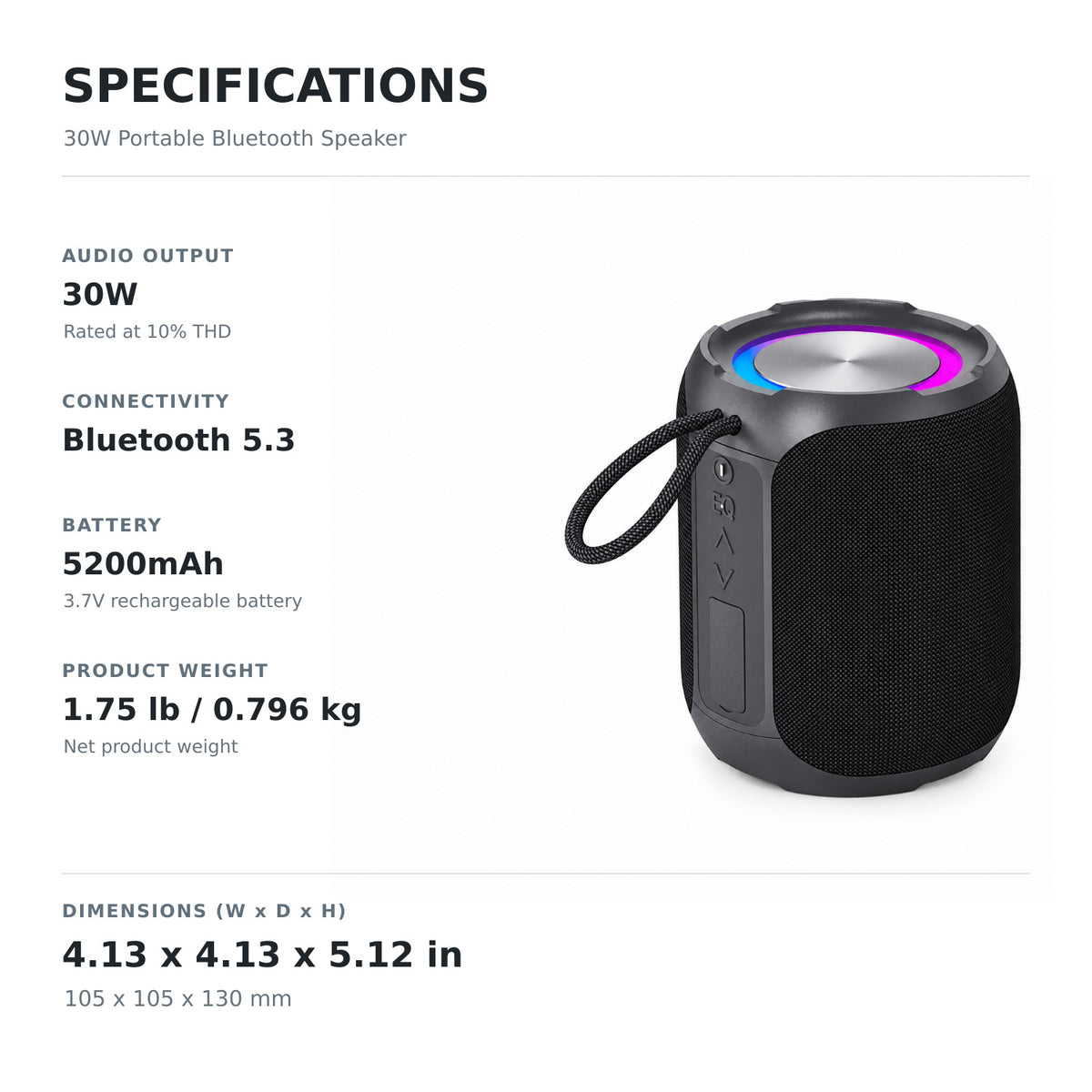 30W Portable Bluetooth Speaker with RGB Light and Carry Loop, Black