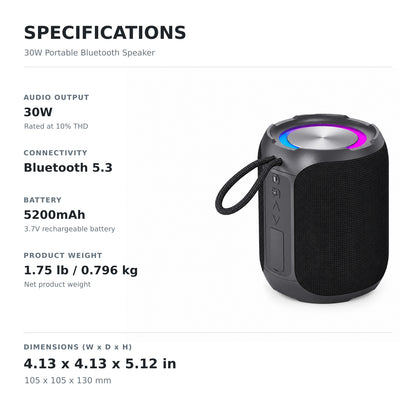 30W Portable Bluetooth Speaker with RGB Light and Carry Loop, Black