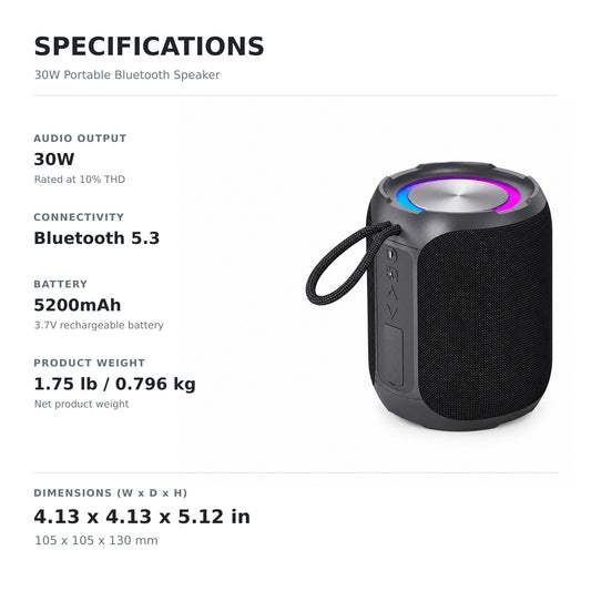 30W Portable Bluetooth Speaker with RGB Light and Carry Loop, Black