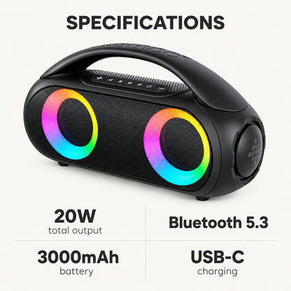 20W Portable Bluetooth Speaker with RGB Light Rings, Black