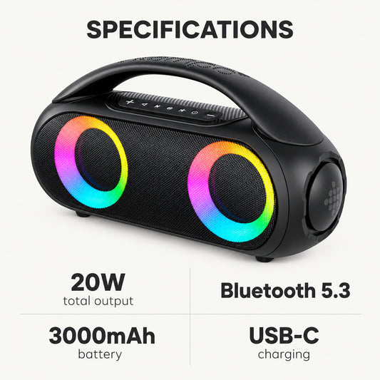 20W Portable Bluetooth Speaker with RGB Light Rings, Black