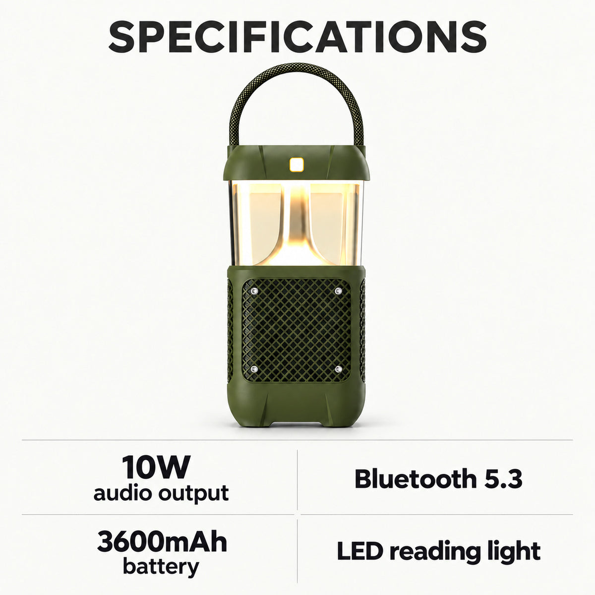 10W Bluetooth Speaker with LED Reading Light, Olive Green