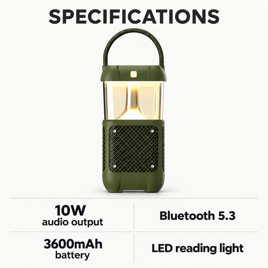 10W Bluetooth Speaker with LED Reading Light, Olive Green