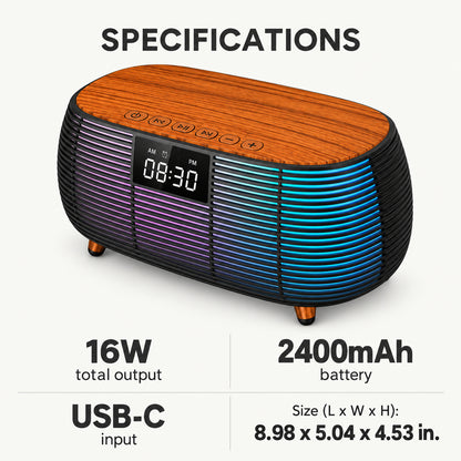 16W Bluetooth Clock Speaker with Wireless Charging and RGB Light