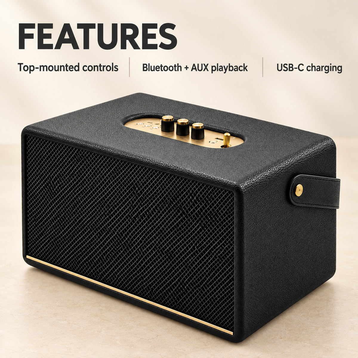 30W Retro Bluetooth Speaker with Carry Strap, Black