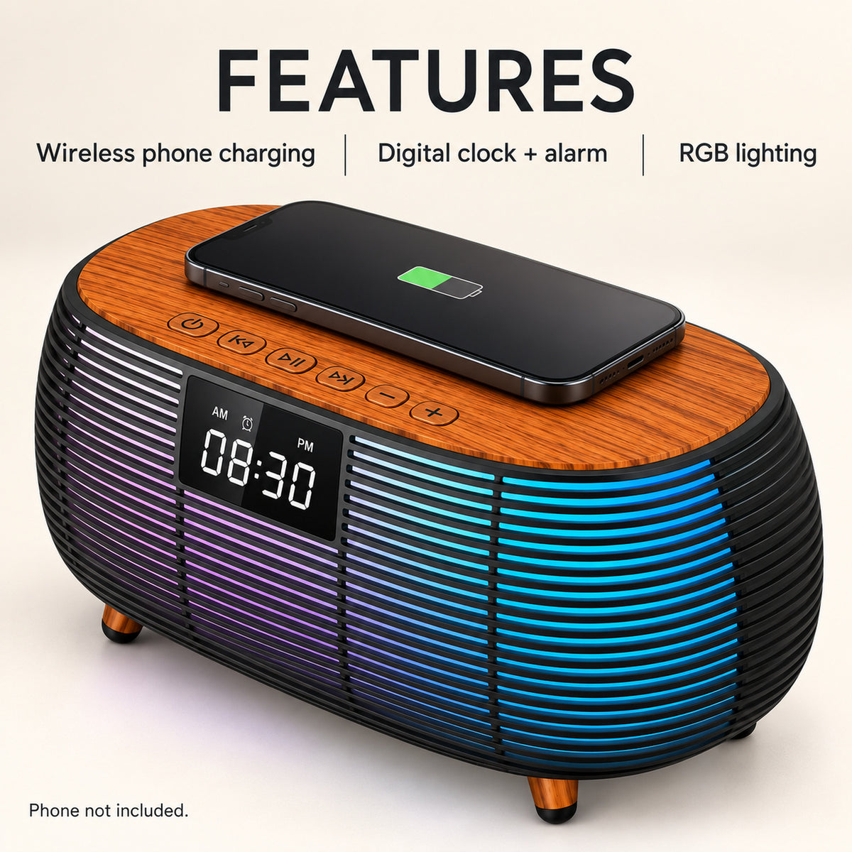 16W Bluetooth Clock Speaker with Wireless Charging and RGB Light