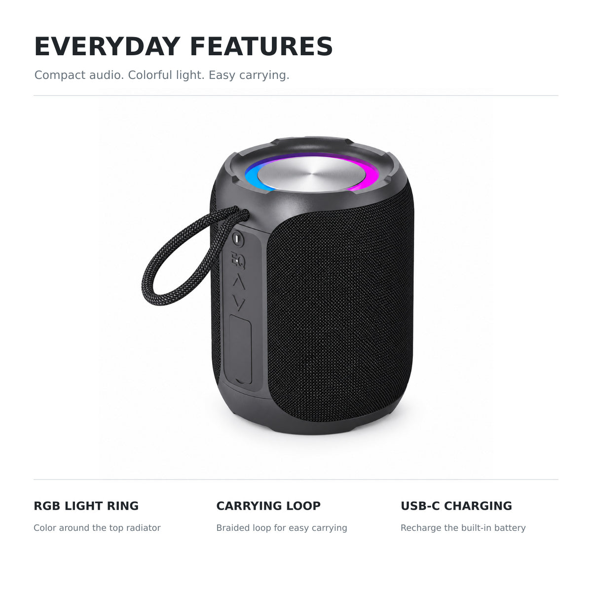 30W Portable Bluetooth Speaker with RGB Light and Carry Loop, Black